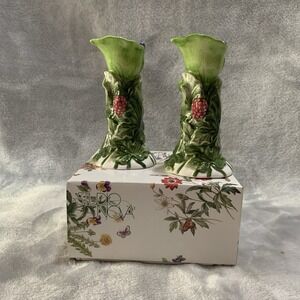 Studio Nova Garden Bloom Ceramic Candlesticks 2 Raspberry Berry Leaf Design‎